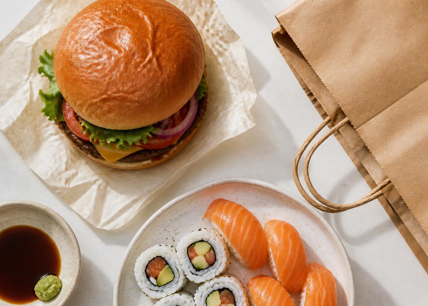 Burger, sushi og takeaway-pose fotograferet ovenfra